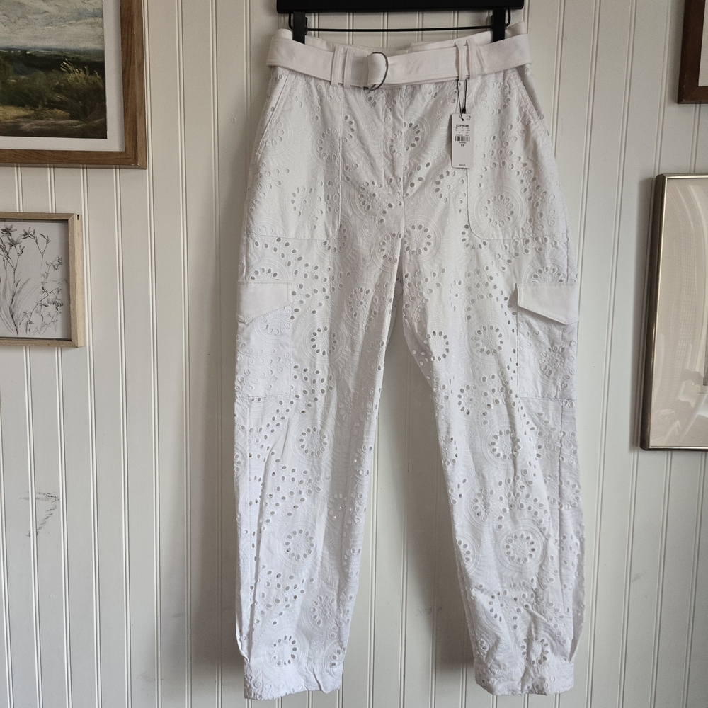 Express Nwt 6 White Eyelet Belted Jogger Cargo Utility Pants